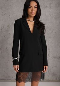Renee - Czarna Sukienka-Marynarka VICES o Pudełkowym Kroju z Ozdobną Koronką Cheridine. Kolor: czarny. Materiał: koronka. Wzór: koronka. Styl: elegancki #1