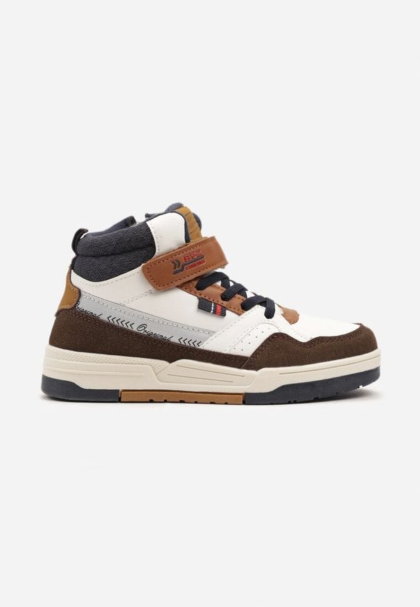 Born2be - Biało-Brązowe Płaskie Botki Sneakersy ze Sznurowaniem i Napisami Izalia. Nosek buta: okrągły. Zapięcie: zamek. Kolor: biały. Materiał: syntetyk, nubuk, materiał. Wzór: napisy. Styl: klasyczny