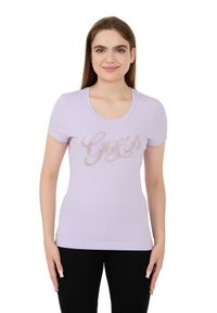Guess - GUESS Lawendowy damski t-shirt Script, Rozmiar S. Kolor: fioletowy