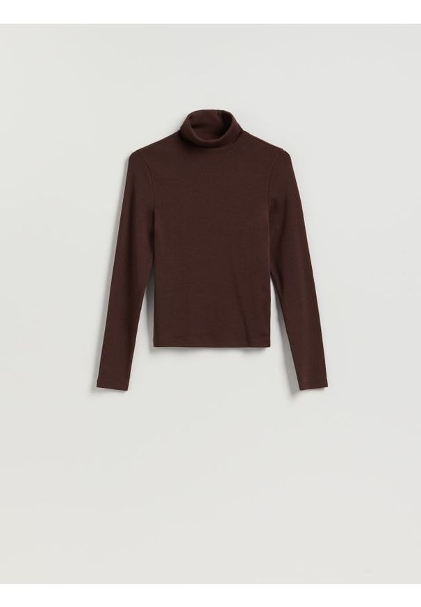 Reserved - Longsleeve z golfem - ciemnobrązowy. Typ kołnierza: golf. Kolor: brązowy. Materiał: bawełna, dzianina. Długość rękawa: długi rękaw