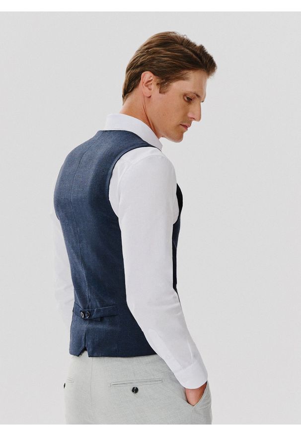 Pako Lorente - PAKO LORENTE – Jednorzędowa kamizelka męska w kolorze granatowym. Kolor: niebieski. Materiał: bawełna, wełna, poliamid, len, elastan