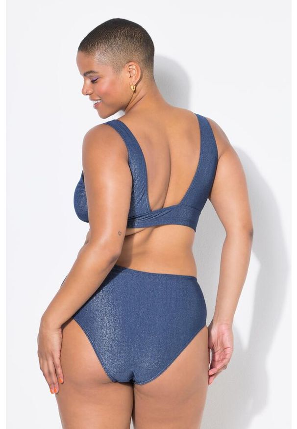 ULLA POPKEN - Damskie Figi od bikini wysoki stan efekt brokatu. Stan: podwyższony. Kolekcja: plus size. Kolor: niebieski. Materiał: elastan, włókno, poliamid, materiał, poliester