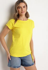 Born2be - Żółty Bawełniany T-shirt z Wiązaniem Falmio. Okazja: na co dzień. Kolor: żółty. Materiał: bawełna. Styl: klasyczny, elegancki, casual #4