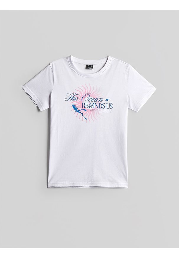 4f - 4F T-shirt regular z nadrukiem damski - biały S. Okazja: na co dzień, na spacer, do pracy. Kolor: biały. Materiał: materiał, bawełna. Wzór: nadruk. Styl: casual