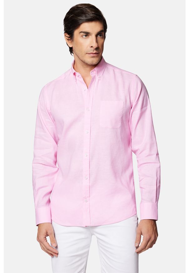 Lancerto - Koszula Różowa z Lnem Sadie. Kolor: różowy. Materiał: poliester, len