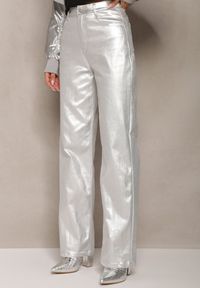 Renee - Srebrne Szerokie Spodnie Metaliczne High Waist z Ekoskóry Tranise. Stan: podwyższony. Kolor: srebrny. Materiał: skóra #4