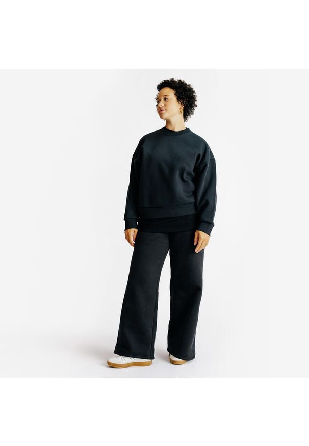 Decathlon - Spodnie dresowe damskie Elementals krój prosty. Kolor: czarny. Materiał: poliester, bawełna, materiał. Długość: długie