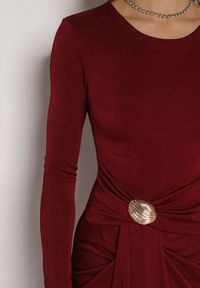 Born2be - Bordowa Taliowana Sukienka o Eleganckim Kroju z Marszczeniem i Aplikacją Sewedina. Okazja: na imprezę. Kolor: czerwony. Materiał: futro. Długość rękawa: długi rękaw. Wzór: aplikacja. Typ sukienki: dopasowane. Styl: elegancki #6