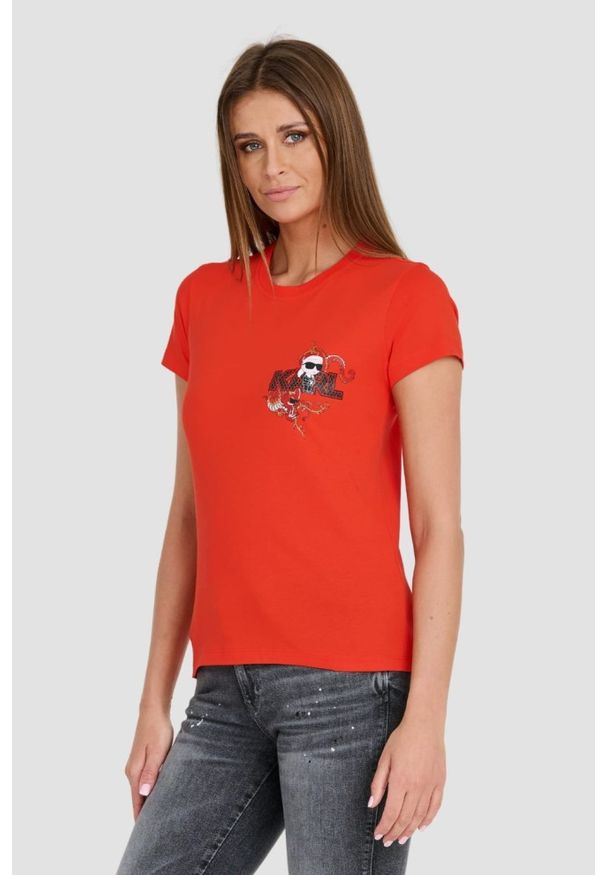 Karl Lagerfeld - KARL LAGERFELD Czerwony damski t-shirt ikonik lny, Rozmiar XS. Kolor: czerwony. Materiał: len