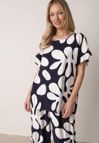 Born2be - Niebieski Komplet z Wiskozy Bluzka z Falbankami i Szerokie Spodnie w Liście Thalla. Kolor: niebieski. Materiał: wiskoza #6