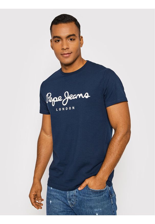 Pepe Jeans T-Shirt Original PM508210 Granatowy Slim Fit. Kolor: niebieski. Materiał: bawełna