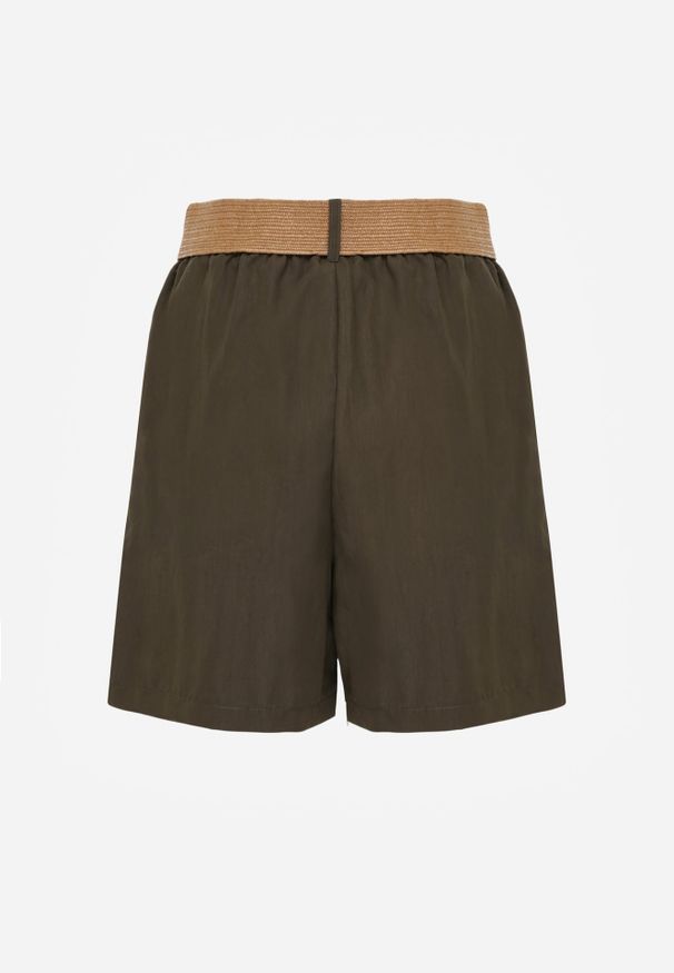 Renee - Zielone Szorty Casual z Wiskozą High Waist Ozdobione Paskiem z Plecionki Kailee. Okazja: na co dzień. Stan: podwyższony. Kolor: zielony. Materiał: wiskoza. Wzór: aplikacja. Styl: casual