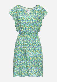 Born2be - Zielona Bawełniana Sukienka w Kwiaty z Gumką w Talii i Falbanką Dimllara. Okazja: na co dzień. Kolor: zielony. Materiał: bawełna. Wzór: kwiaty. Styl: elegancki, casual, klasyczny #2