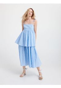 Reserved - Sukienka midi z falbanami - jasnoniebieski. Kolor: niebieski. Materiał: bawełna, tkanina, żakard. Długość: midi