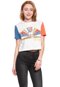 Wrangler - WRANGLER T SHIRT DAMSKI CROP TEE EGRET OFF WHITE W7382GFIO. Wzór: nadruk. Styl: vintage