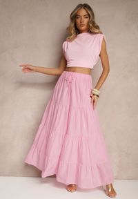 Renee - Różowa Rozkloszowana Spódnica z Bawełny z Wiązaniem i Gumką w Talii Miloreina. Kolor: różowy. Materiał: bawełna. Sezon: lato. Styl: elegancki