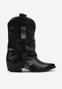 Born2be - Czarne Marszczone Botki Kowbojki z Cholewką Imitującą Nogawkę Ilosa. Okazja: na spotkanie biznesowe, na co dzień. Kolor: czarny. Materiał: jeans. Szerokość cholewki: normalna. Wzór: aplikacja. Obcas: na obcasie. Styl: biznesowy, casual, elegancki. Wysokość obcasa: średni #6