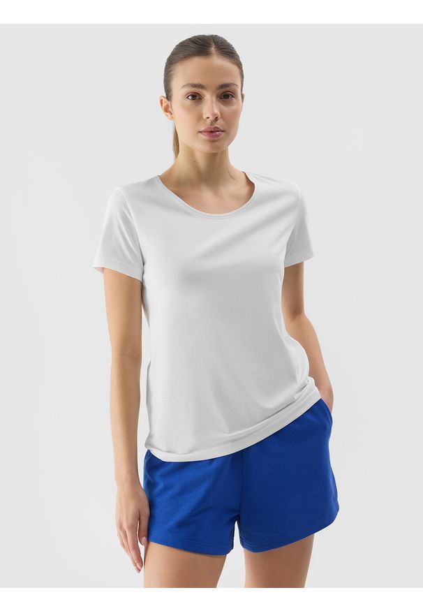 4f - 4F T-shirt regular gładki damski - biały XL. Okazja: na co dzień. Kolor: biały. Materiał: bawełna, jersey, dzianina. Długość rękawa: krótki rękaw. Długość: krótkie. Wzór: gładki. Sezon: lato. Styl: sportowy, klasyczny, casual