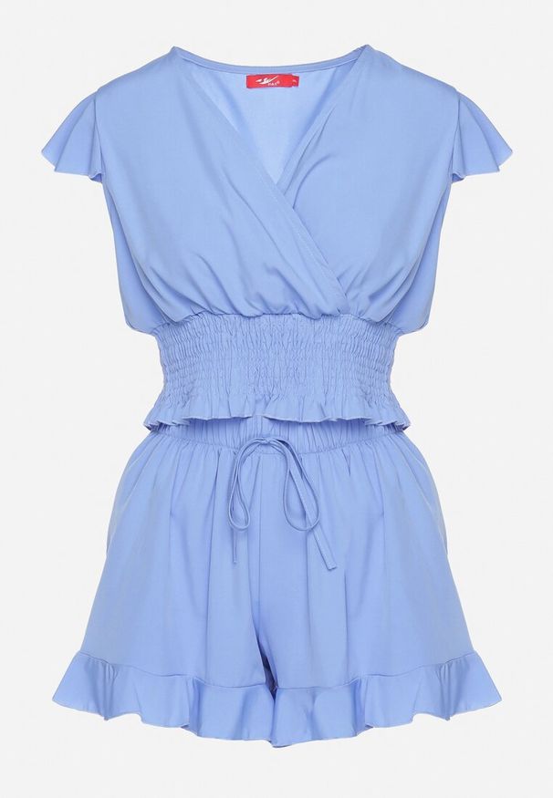 Born2be - Niebieski Komplet Kopertowy Top z Gumką w Talii Szorty z Gumką w Pasie i Falbanką Nestalie. Kolor: niebieski. Materiał: materiał