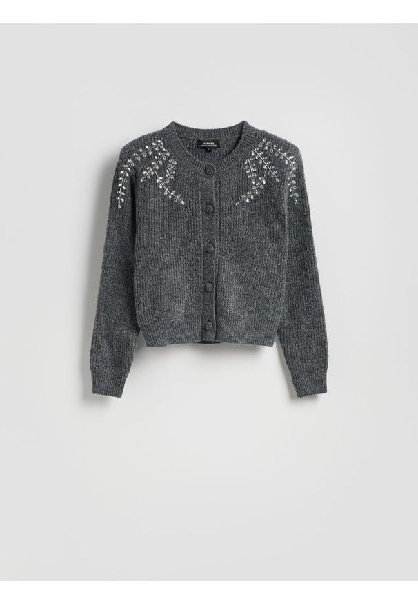 Reserved - Kardigan z aplikacjami - ciemnoszary. Kolor: szary. Materiał: dzianina, wełna. Wzór: aplikacja