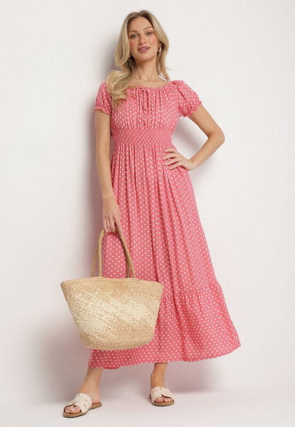 Born2be - Różowa Sukienka z Bawełną w Kropki Ellisla. Okazja: na co dzień. Kolor: różowy. Materiał: bawełna. Wzór: kropki. Styl: elegancki, casual