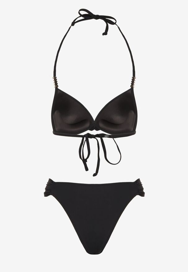 Renee - Czarne Bikini Wiązany Biustonosz Push Up i Majtki Typu Figi Mirisenia. Kolor: czarny. Wzór: aplikacja
