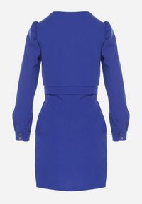 Born2be - Niebieska Sukienka z Marszczeniem i Bufiastymi Rękawami Redenia. Kolor: niebieski. Styl: elegancki, klasyczny #5