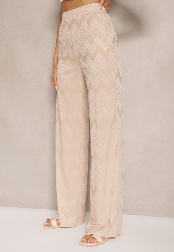 Renee - Beżowe Spodnie z Wiskozą o Szerokim Kroju High Waist Weralis. Okazja: na co dzień. Stan: podwyższony. Kolor: beżowy. Materiał: wiskoza. Styl: elegancki, casual