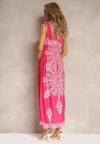 Renee - Fuksjowa Długa Sukienka z Wzorem Boho Sznurkami na Ramionach i Gumką w Pasie Hideni. Kolor: różowy. Styl: boho. Długość: maxi #5