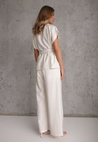 Renee - Biały Wiskozowy Komplet z Lnem Spodnie Wide Leg i Bluzka o Kroju Marynarki Daprise. Kolor: biały. Materiał: wiskoza, len #5