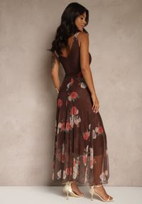 Renee - Brązowa Sukienka Siateczkowa w Kwiaty Milosea. Kolor: brązowy. Materiał: tkanina. Wzór: kwiaty. Sezon: lato #3