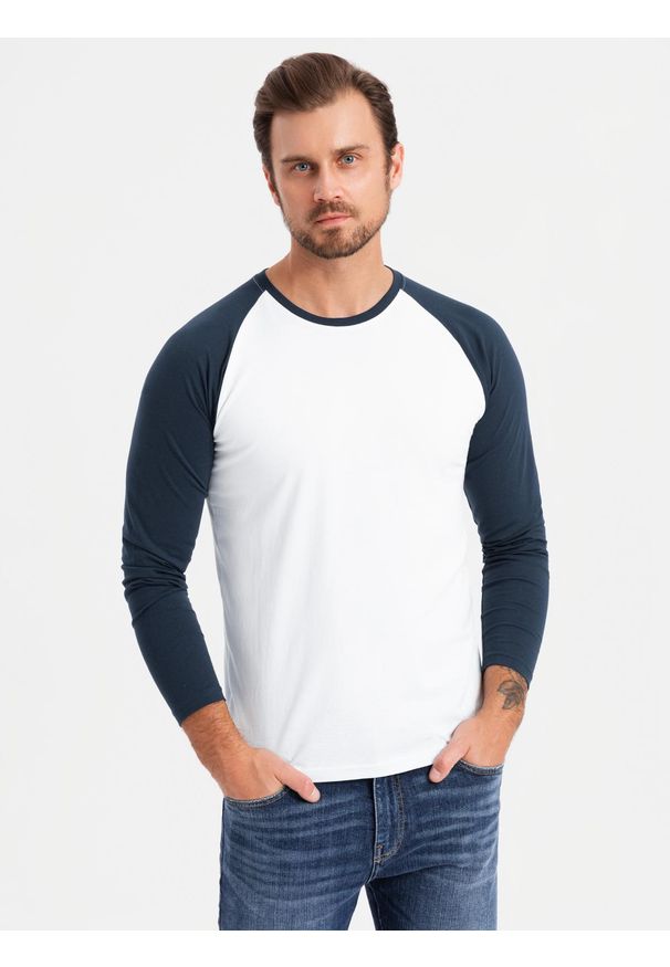 Ombre Clothing - Męski longsleeve z kontrastowymi raglanowymi rękawami – biało-granatowy V1 - Rozmiar: XL. Okazja: na co dzień. Kolor: biały. Materiał: jersey, skóra, materiał, dzianina, bawełna. Długość rękawa: długi rękaw. Wzór: ze splotem. Styl: casual, klasyczny