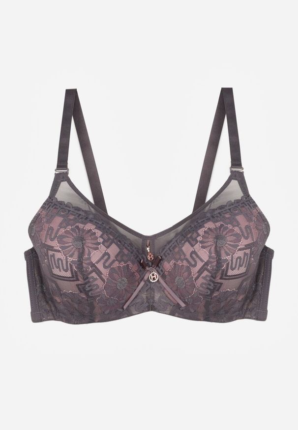 Born2be - Szaro-Różowy Biustonosz z Koronką i Transparentną Wstawką Heliphine. Kolor: szary. Materiał: koronka. Wzór: koronka