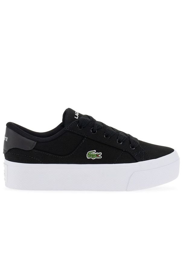 Buty Lacoste Ziane Platform Textile 745CFA0012-312 - czarne. Okazja: na co dzień. Zapięcie: sznurówki. Kolor: czarny. Materiał: guma, materiał. Szerokość cholewki: normalna. Wzór: aplikacja. Obcas: na platformie