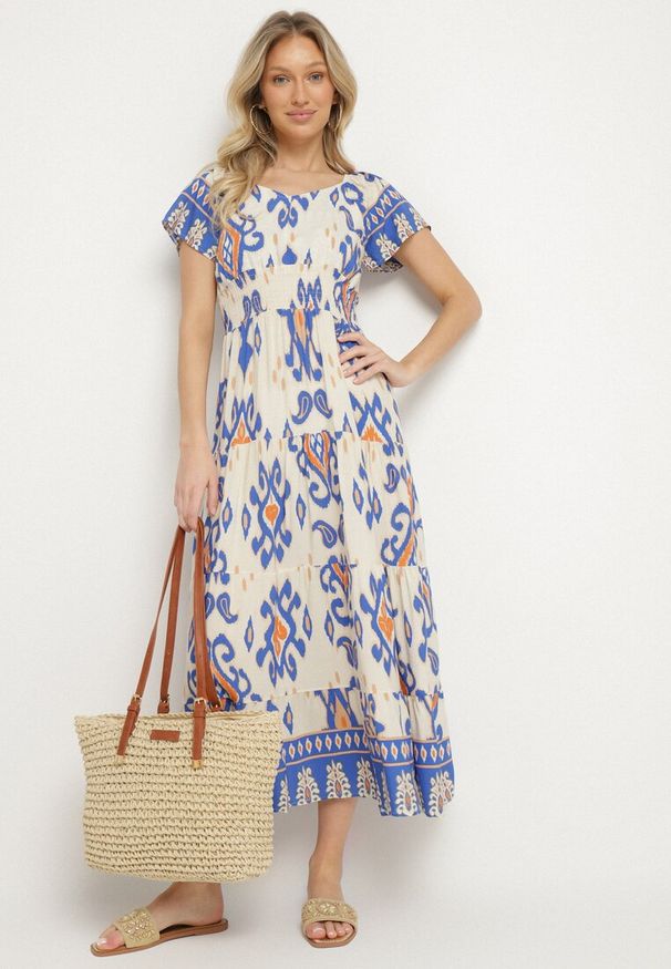 Born2be - Niebieska Wiskozowa Sukienka z Geometrycznym Wzorem Cleanna. Okazja: na spacer, na co dzień. Kolor: niebieski. Materiał: wiskoza. Wzór: geometria. Typ sukienki: proste. Styl: casual, elegancki