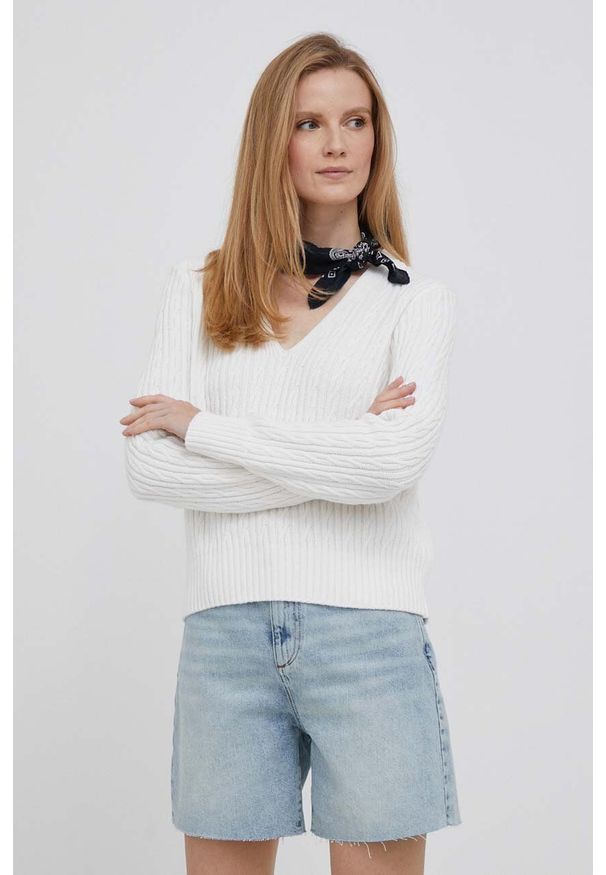 TOMMY HILFIGER - Tommy Hilfiger sweter z domieszką wełny damski kolor beżowy. Kolor: beżowy. Materiał: wełna