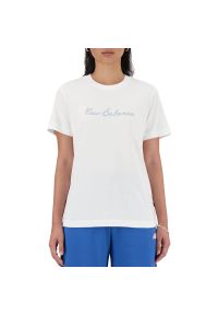 Koszulka New Balance WT41909WT - biała. Kolor: biały. Materiał: bawełna. Długość rękawa: krótki rękaw. Długość: krótkie. Wzór: napisy