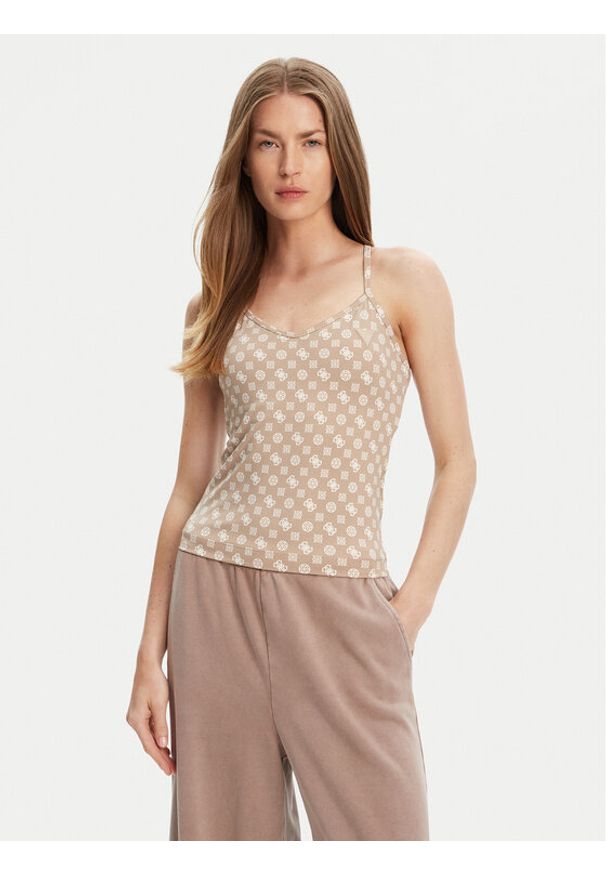 Guess Top V5YP11 MC03W Beżowy Slim Fit. Kolor: beżowy. Materiał: syntetyk