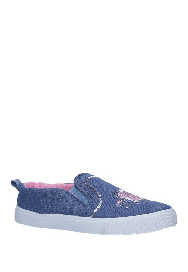 Casu - Niebieskie trampki jeansowe slip on z cekinami casu 568-2. Zapięcie: bez zapięcia. Kolor: niebieski. Materiał: jeans