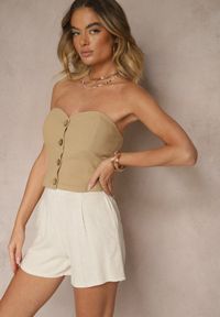 Renee - Jasnobeżowe Szorty z Lnem High Waist Orrisa. Okazja: na co dzień. Stan: podwyższony. Kolor: beżowy. Materiał: len. Styl: casual
