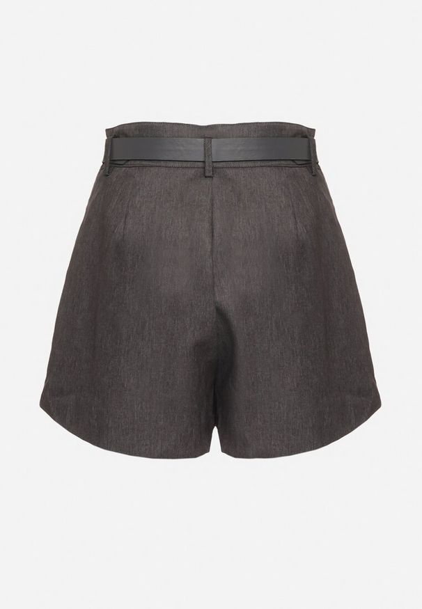 Born2be - Szare Szorty z Wysokim Stanem z Paskiem i Klamrą w Kształcie Motyla Veritana. Okazja: na co dzień. Stan: podwyższony. Kolor: szary. Styl: casual, elegancki