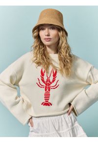 Reserved - Sweter z haftem - kremowy. Kolor: kremowy. Materiał: bawełna, dzianina. Wzór: haft #1