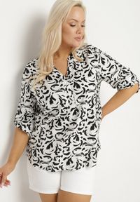 Born2be - Biała Koszula z Wiskozą w Abstrakcyjny Wzór Clarivana. Okazja: na co dzień. Typ kołnierza: dekolt w serek. Kolekcja: plus size. Kolor: biały. Materiał: wiskoza. Długość rękawa: długi rękaw. Długość: długie. Styl: klasyczny, casual, elegancki #6