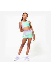Decathlon - Spodenki sportowe dla dzieci Domyos 2 w 1. Kolor: wielokolorowy, fioletowy. Materiał: materiał, tkanina, poliester, elastan. Długość: krótkie. Styl: sportowy