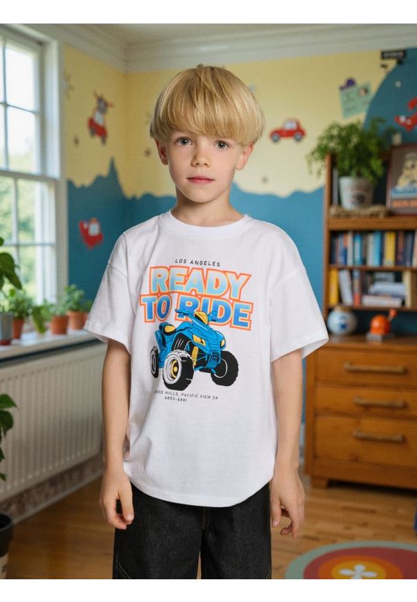 Sinsay - Koszulka z nadrukiem w samochody - biały. Kolor: biały. Wzór: nadruk