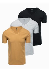 Ombre Clothing - Zestaw koszulek bawełnianych V-NECK 3-pak - mix V15 Z29 - XL. Typ kołnierza: dekolt w serek. Kolor: czarny. Materiał: bawełna. Wzór: aplikacja, melanż, ze splotem, jednolity. Styl: klasyczny