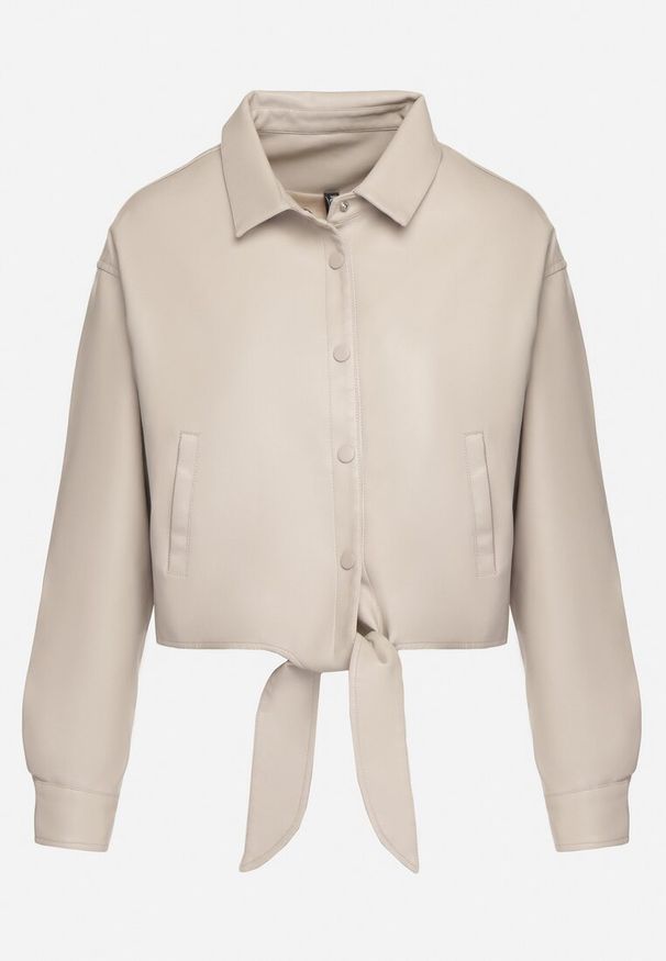 Born2be - Beżowa Kurtka z Ekoskóry w Stylu Koszuli z Wiązaniem na Napy Braleth. Okazja: na co dzień. Kolor: beżowy. Materiał: jeans. Długość rękawa: długi rękaw. Długość: długie. Styl: młodzieżowy, elegancki, casual