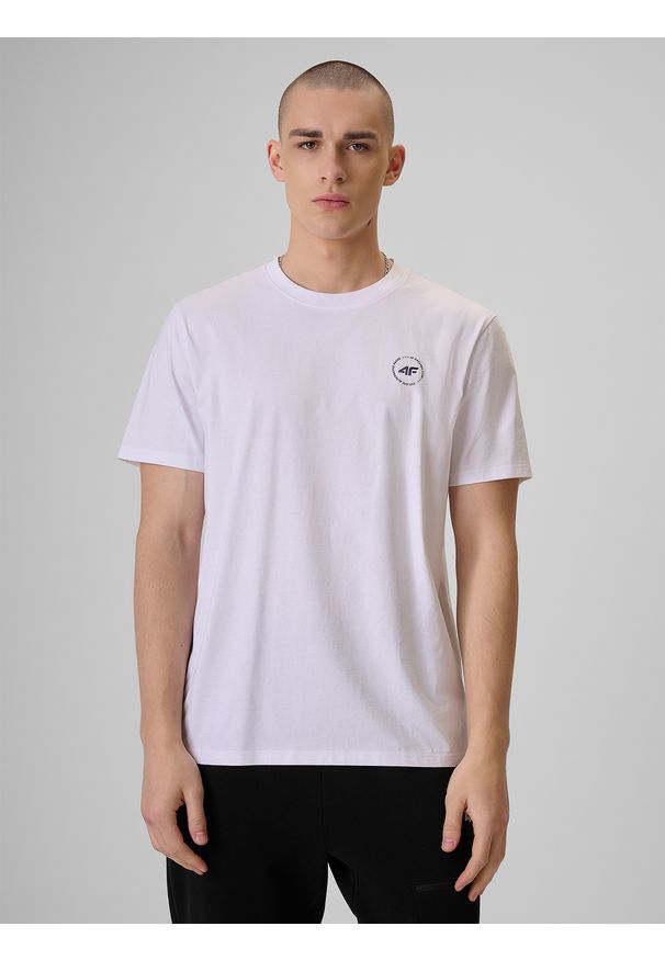 4f - 4F T-shirt relaxed z nadrukiem męski - biały M. Okazja: na co dzień. Kolor: biały. Materiał: materiał, bawełna, dzianina. Wzór: nadruk. Styl: casual