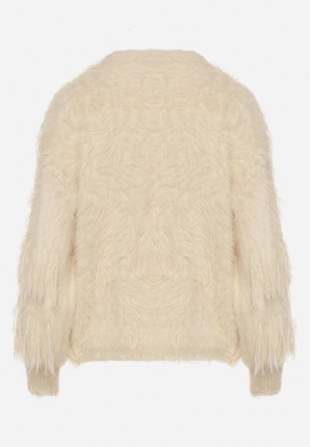 Born2be - Beżowy Kardigan z Wełną o Fakturze Imitującej Pióra z Ozdobnymi Guzikami Mevinalia. Okazja: na co dzień, na spotkanie biznesowe, do pracy. Kolor: beżowy. Materiał: wełna. Wzór: aplikacja. Sezon: zima, jesień. Styl: casual, biznesowy, elegancki, klasyczny