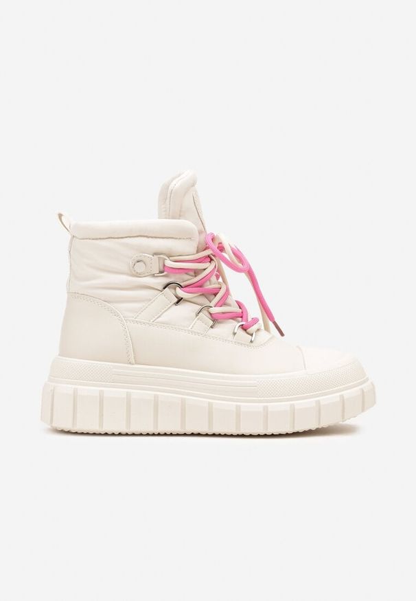 Born2be - Beżowe Śniegowce Vices na Grubej Tłoczonej Podeszwie Anirrise. Kolor: beżowy. Materiał: jeans, skóra